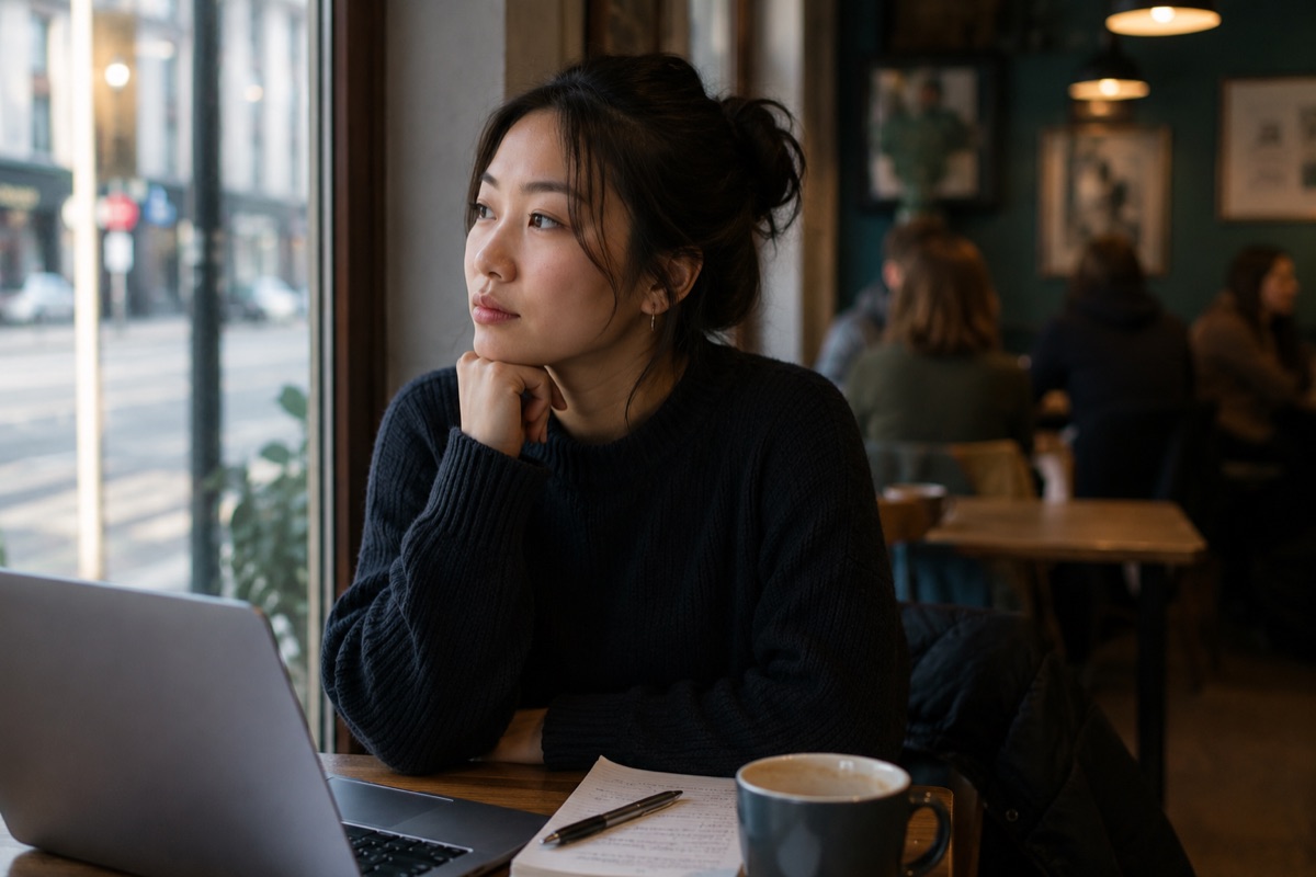 A woman in thought at a café table with a laptop and notes