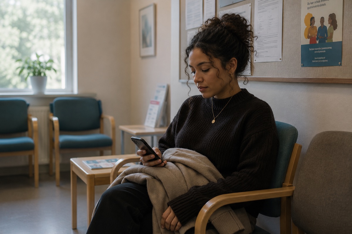 A woman waiting in a clinic waiting room